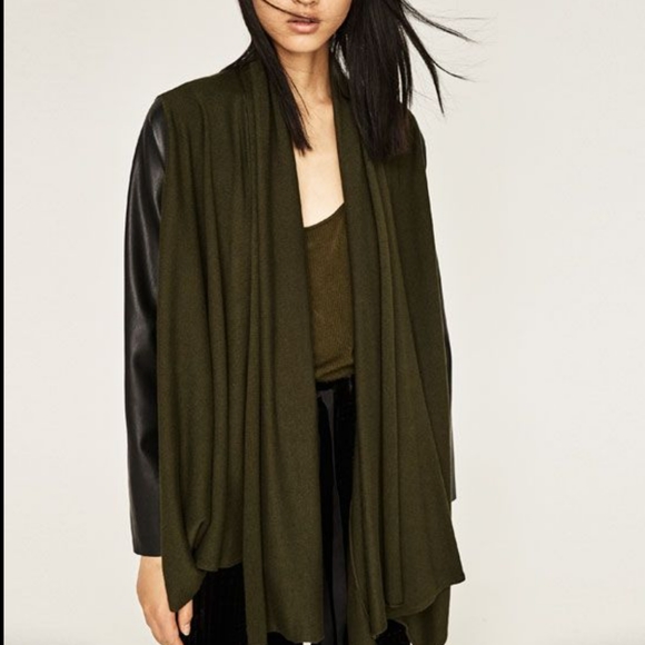 Zara Olive Waterfall Sweater with Black Faux Leather Sleeves - Picture 1 of 7